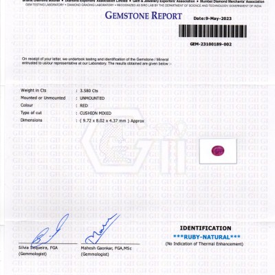 3.58 Ct GII Certified Unheated Untreated Natural Mozambique Ruby AAAA 3.58 Ct GII Certified Unheated Untreated Natural Mozambique Ruby AAAA