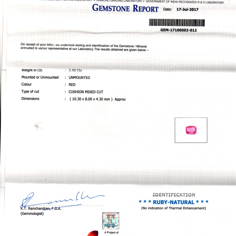 3.58 Ct GII Certified Unheated Untreated Natural Madagaskar Ruby AAAA