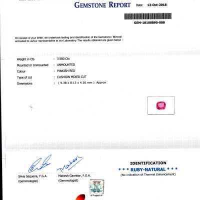 3.58 Ct GII Certified Unheated Untreated Natural Madagaskar Ruby AA++