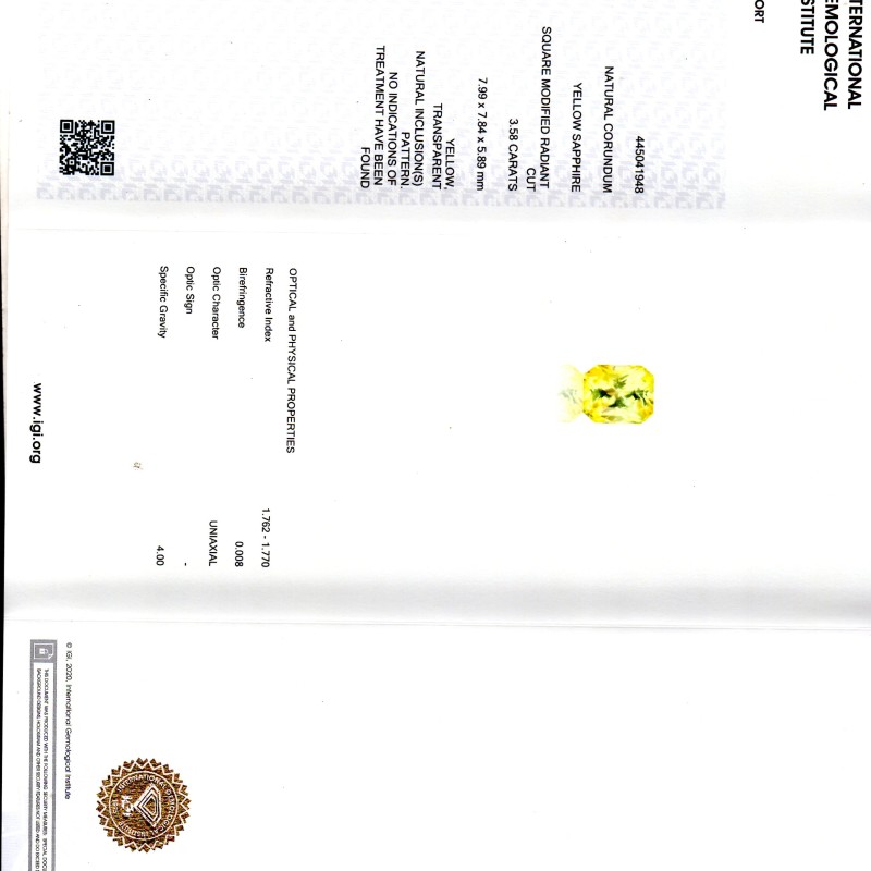 3.58 Ct IGI Certified Unheated Untreated Natural Ceylon Yellow Sapphire AAA
