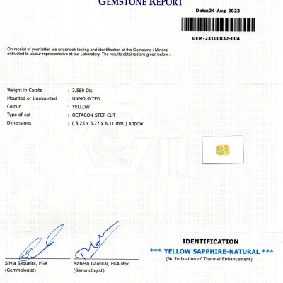 3.58 Ct GII Certified Unheated Untreated Natural Ceylon Yellow Sapphire AAA