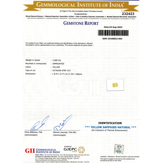 3.58 Ct GII Certified Unheated Untreated Natural Ceylon Yellow Sapphire AAA