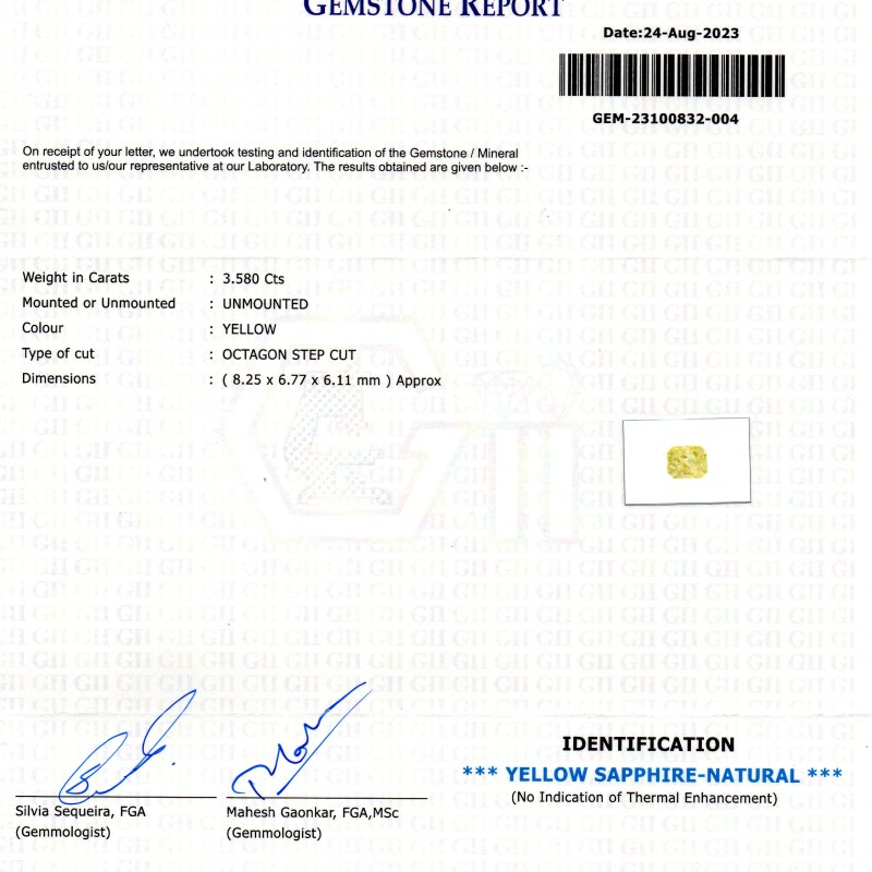 3.58 Ct GII Certified Unheated Untreated Natural Ceylon Yellow Sapphire AAA 3.58 Ct GII Certified Unheated Untreated Natural Ceylon Yellow Sapphire AAA