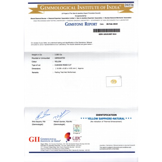 3.58 Ct GII Certified Unheated Untreated Natural Ceylon Yellow Sapphire