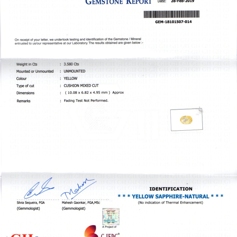 3.58 Ct GII Certified Unheated Untreated Natural Ceylon Yellow Sapphire 3.58 Ct GII Certified Unheated Untreated Natural Ceylon Yellow Sapphire