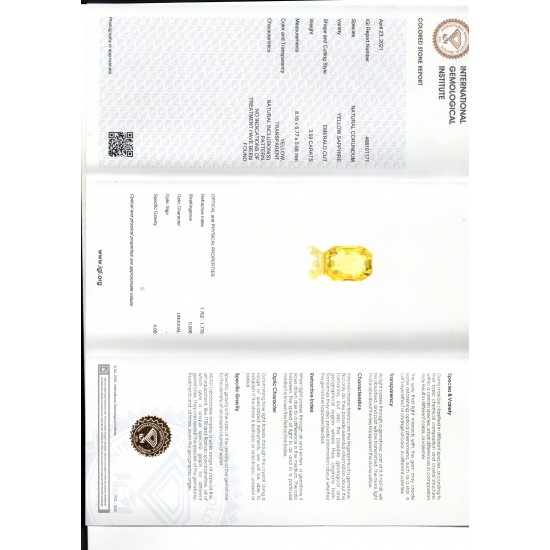 3.59 Ct IGI Certified Unheated Untreated Natural Ceylon Yellow Sapphire AAAAA