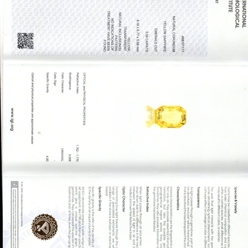 3.59 Ct IGI Certified Unheated Untreated Natural Ceylon Yellow Sapphire AAAAA