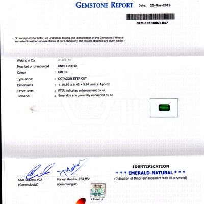 3.60 Ct GII Certified Untreated Natural Zambian Emerald Gemstone