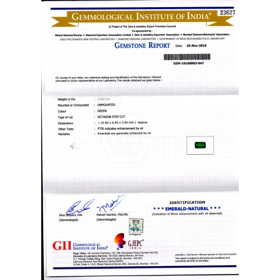 3.60 Ct GII Certified Untreated Natural Zambian Emerald Gemstone
