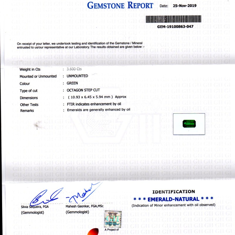 3.60 Ct GII Certified Untreated Natural Zambian Emerald Gemstone