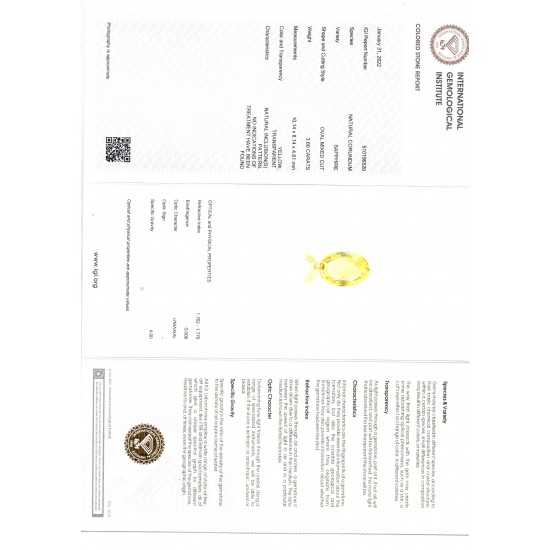 3.60 Ct IGI Certified Unheated Untreated Natural Ceylon Yellow Sapphire AAA