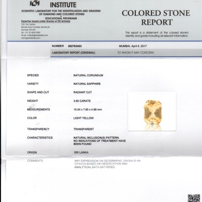 3.60 Ct IGI Certified Unheated Untreated Natural Ceylon Yellow Sapphire 3.60 Ct IGI Certified Unheated Untreated Natural Ceylon Yellow Sapphire