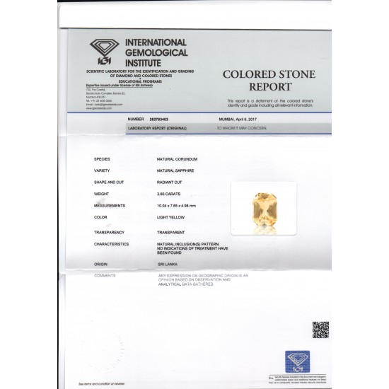 3.60 Ct IGI Certified Unheated Untreated Natural Ceylon Yellow Sapphire