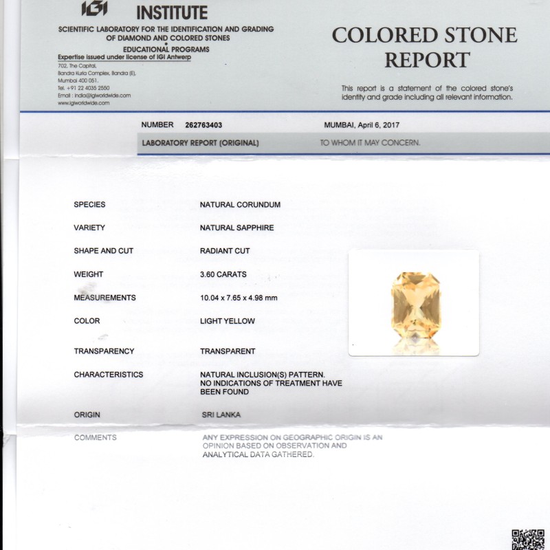 3.60 Ct IGI Certified Unheated Untreated Natural Ceylon Yellow Sapphire 3.60 Ct IGI Certified Unheated Untreated Natural Ceylon Yellow Sapphire