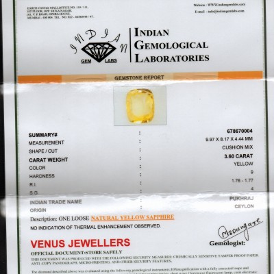 3.60 Ct Untreated Natural Ceylon Yellow Sapphire Gemstone AA 3.60 Ct Untreated Natural Ceylon Yellow Sapphire Gemstone AA