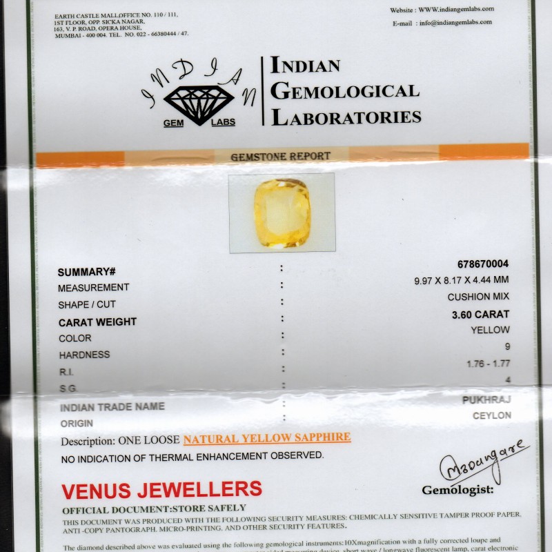 3.60 Ct Untreated Natural Ceylon Yellow Sapphire Gemstone AA 3.60 Ct Untreated Natural Ceylon Yellow Sapphire Gemstone AA