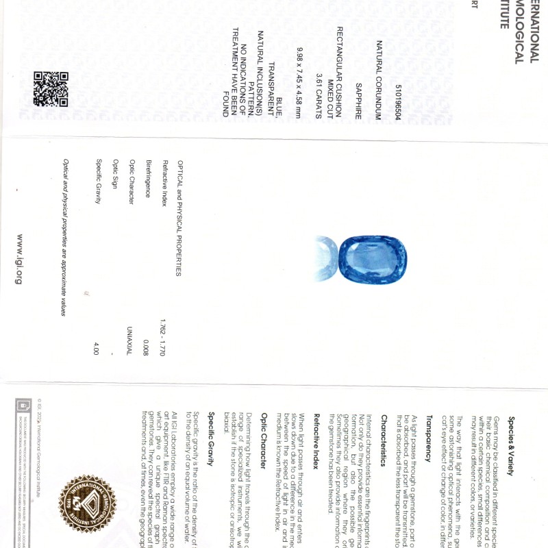 3.61 Ct IGI Certified Unheated Untreated Natural Ceylon Blue Sapphire AAA 3.61 Ct IGI Certified Unheated Untreated Natural Ceylon Blue Sapphire AAA