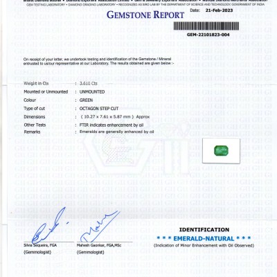 3.61 Ct GII Certified Untreated Natural Zambian Emerald Gemstone Panna AA 3.61 Ct GII Certified Untreated Natural Zambian Emerald Gemstone Panna AA