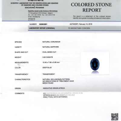 3.62 Ct IGI Certified Unheated Untreated Natural Ceylon Deep Blue Sapphire 3.62 Ct IGI Certified Unheated Untreated Natural Ceylon Deep Blue Sapphire