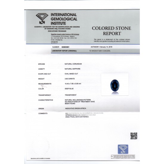 3.62 Ct IGI Certified Unheated Untreated Natural Ceylon Deep Blue Sapphire