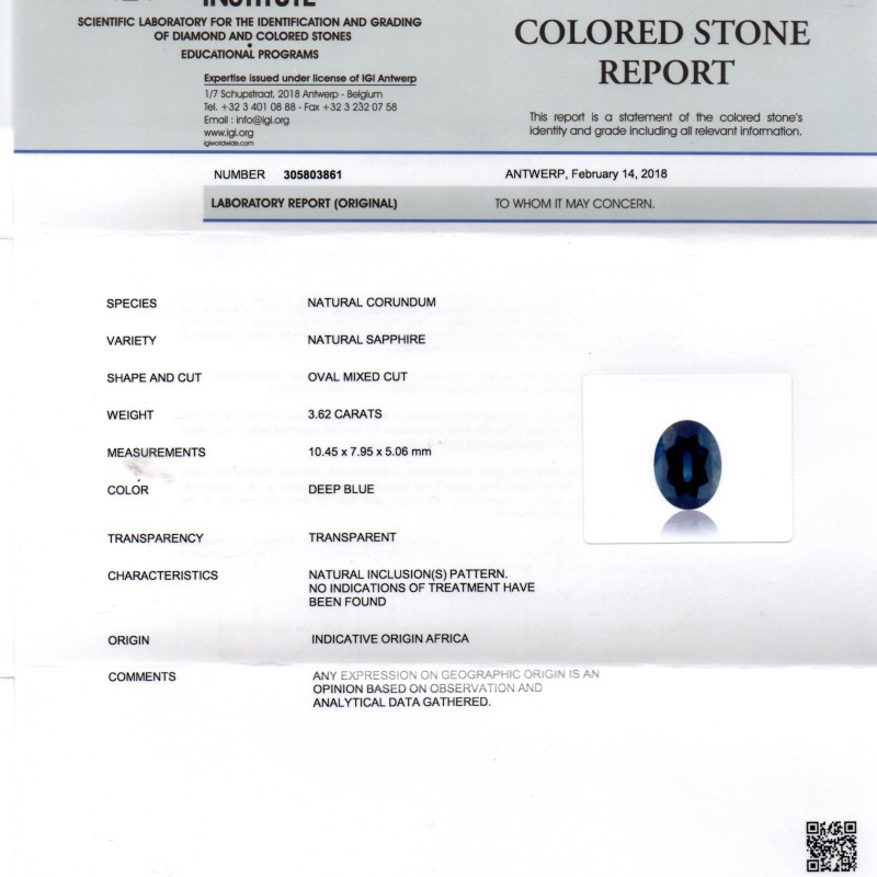 3.62 Ct IGI Certified Unheated Untreated Natural Ceylon Deep Blue Sapphire 3.62 Ct IGI Certified Unheated Untreated Natural Ceylon Deep Blue Sapphire