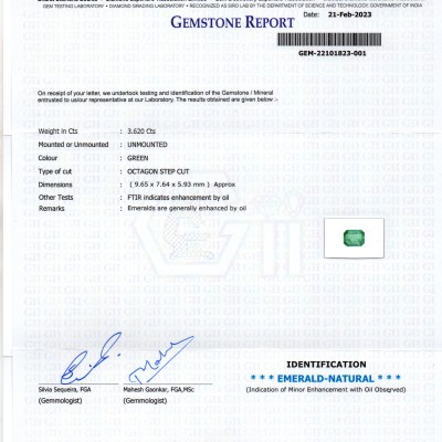 3.62 Ct GII Certified Untreated Natural Zambian Emerald Gemstone Panna AA 3.62 Ct GII Certified Untreated Natural Zambian Emerald Gemstone Panna AA