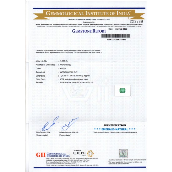 3.62 Ct GII Certified Untreated Natural Zambian Emerald Gemstone Panna AA