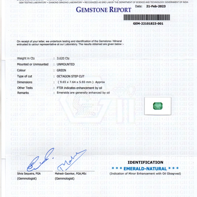 3.62 Ct GII Certified Untreated Natural Zambian Emerald Gemstone Panna AA 3.62 Ct GII Certified Untreated Natural Zambian Emerald Gemstone Panna AA