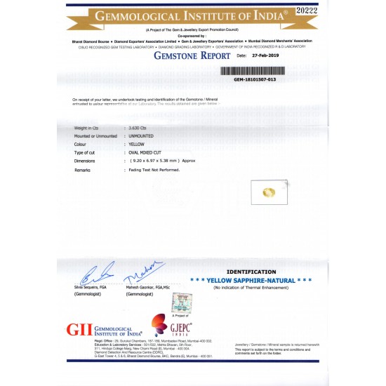 3.63 Ct GII Certified Unheated Untreated Natural Ceylon Yellow Sapphire