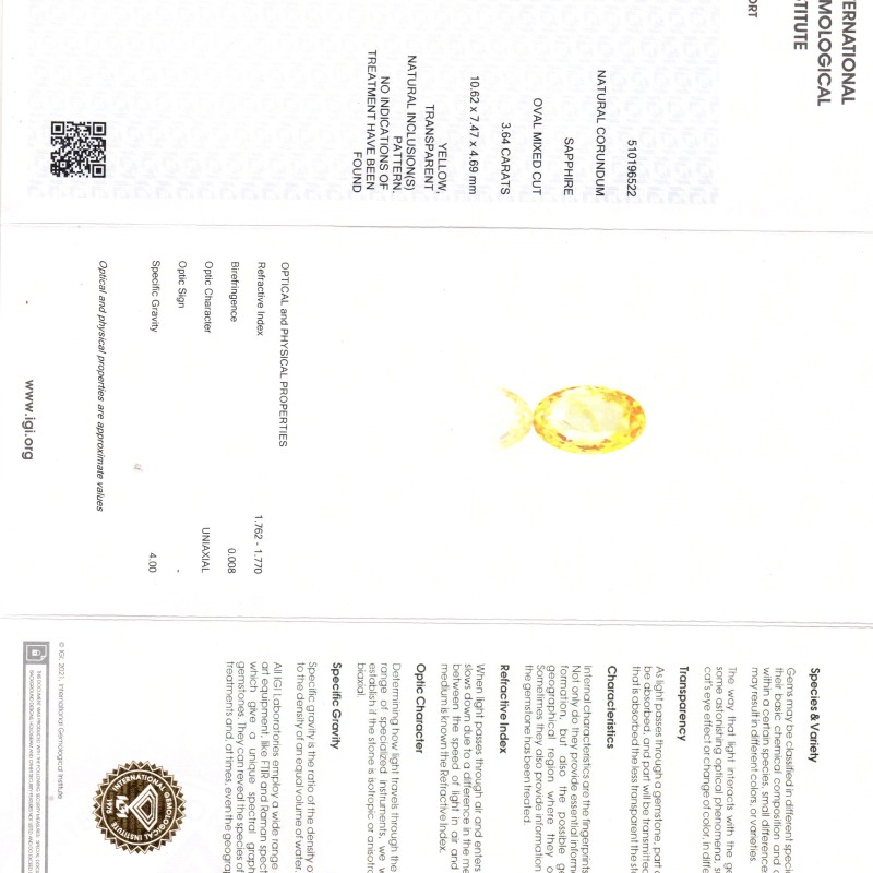 3.64 Ct IGI Certified Unheated Untreated Natural Ceylon Yellow Sapphire AAA 3.64 Ct IGI Certified Unheated Untreated Natural Ceylon Yellow Sapphire AAA