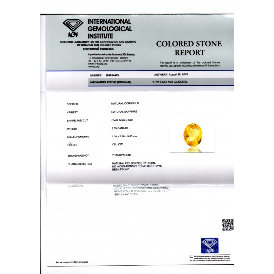 3.65 Ct IGI Certified Unheated Untreated Natural Ceylon Yellow Sapphire