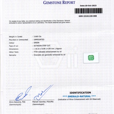 3.66 Ct GII Certified Untreated Natural Zambian Emerald Panna Gems 3.66 Ct GII Certified Untreated Natural Zambian Emerald Panna Gems
