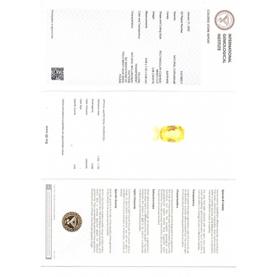 3.68 Ct IGI Certified Unheated Untreated Natural Ceylon Yellow Sapphire AAA