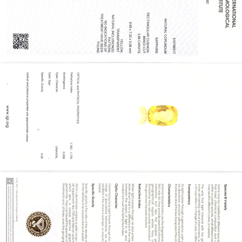 3.68 Ct IGI Certified Unheated Untreated Natural Ceylon Yellow Sapphire AAA 3.68 Ct IGI Certified Unheated Untreated Natural Ceylon Yellow Sapphire AAA