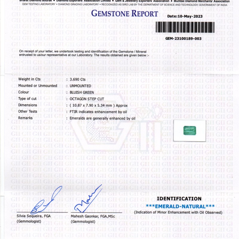 3.69 Ct GII Certified Untreated Natural Zambian Emerald Panna Gemstone