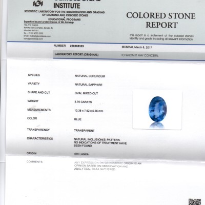 3.70 Ct IGI Certified Unheated Untreated Natural Ceylon Blue Sapphire