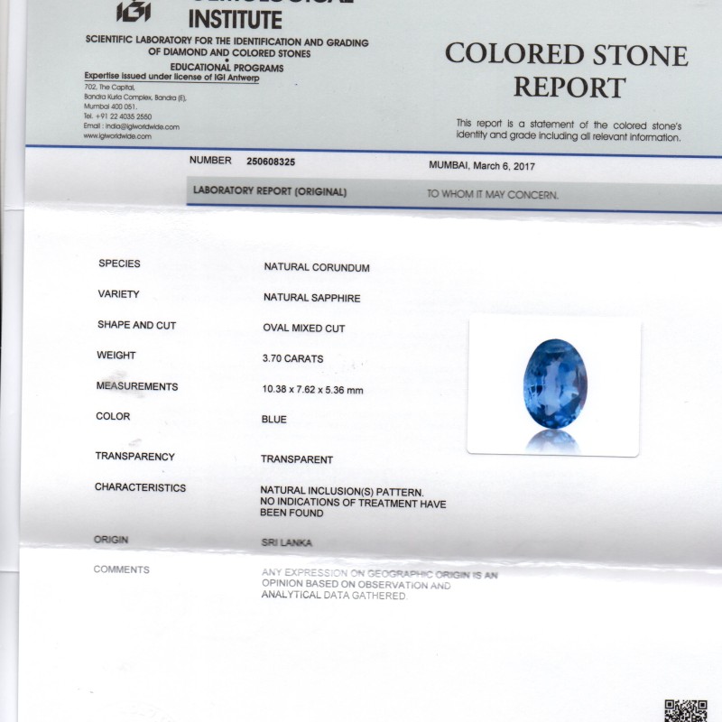 3.70 Ct IGI Certified Unheated Untreated Natural Ceylon Blue Sapphire