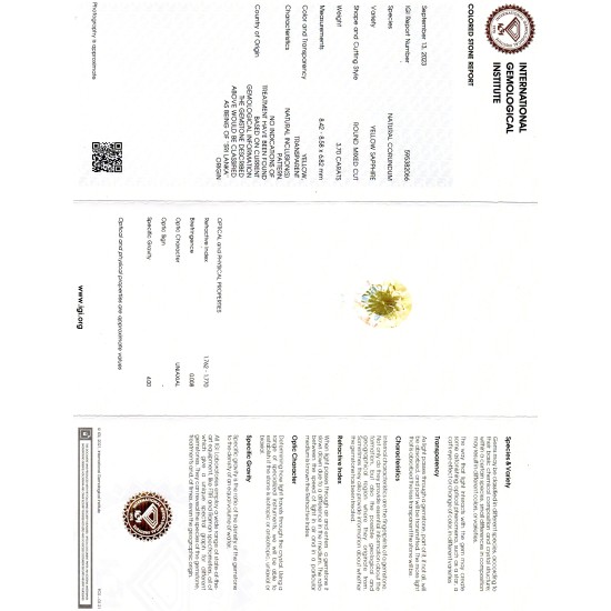 3.70 Ct IGI Certified Unheated Untreated Natural Ceylon Yellow Sapphire