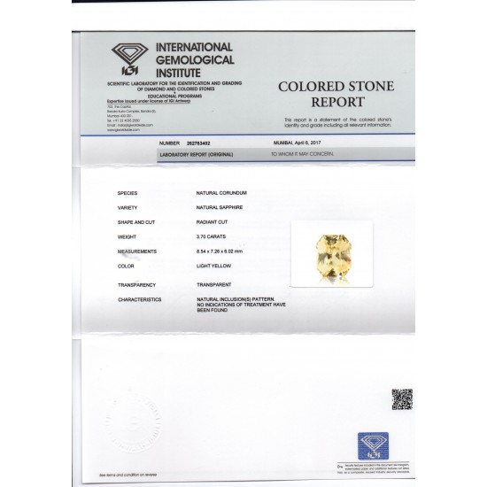 3.70 Ct IGI Certified Unheated Untreated Natural Ceylon Yellow Sapphire