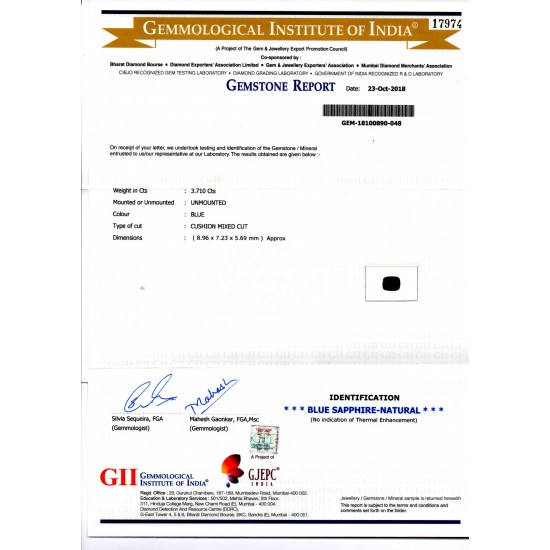3.71 Ct GII Certified Unheated Untreated Natural Ceylon Deep Blue Sapphire