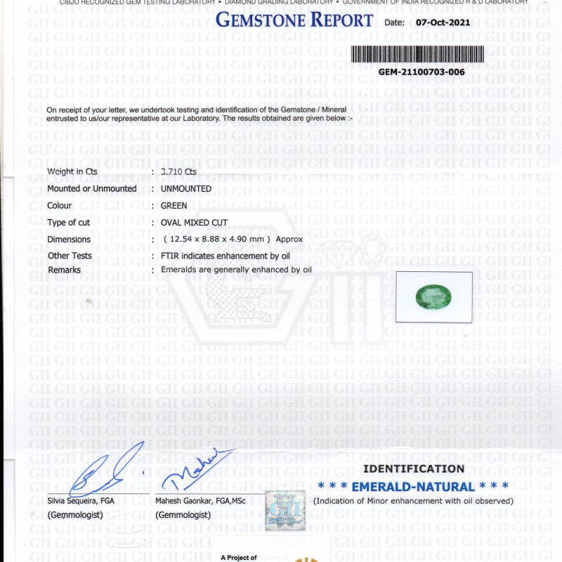 3.71 Ct GII Certified Untreated Natural Zambian Emerald Gemstones