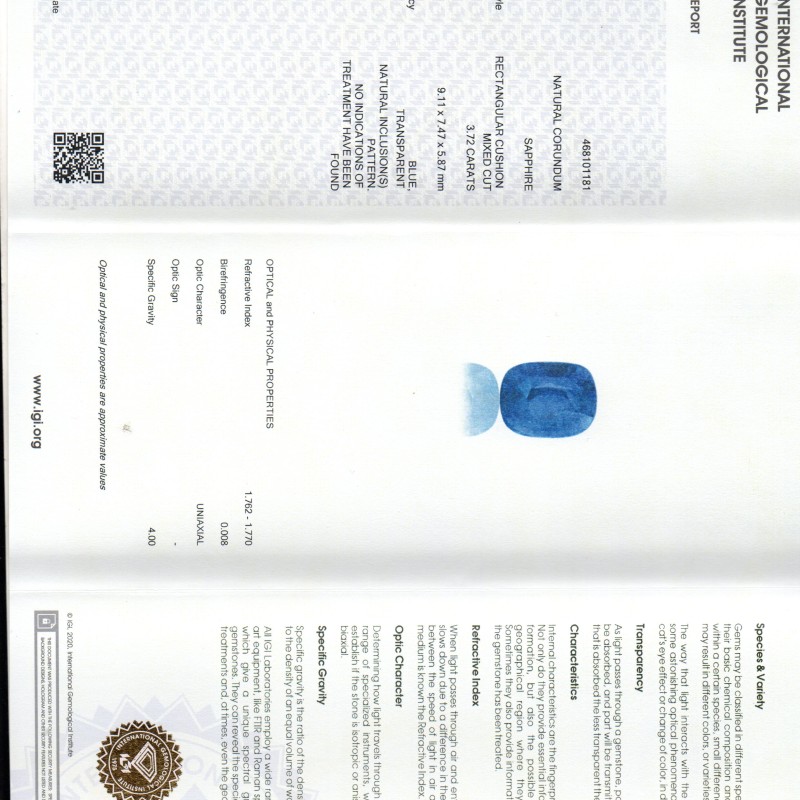 3.72 Ct IGI Certified Unheated Untreated Natural Ceylon Blue Sapphire AAAA