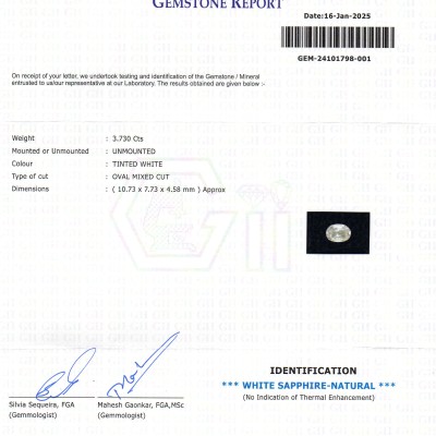 3.73 Ct GII Certified Unheated Untreated Natural Ceylon White Sapphire 3.73 Ct GII Certified Unheated Untreated Natural Ceylon White Sapphire