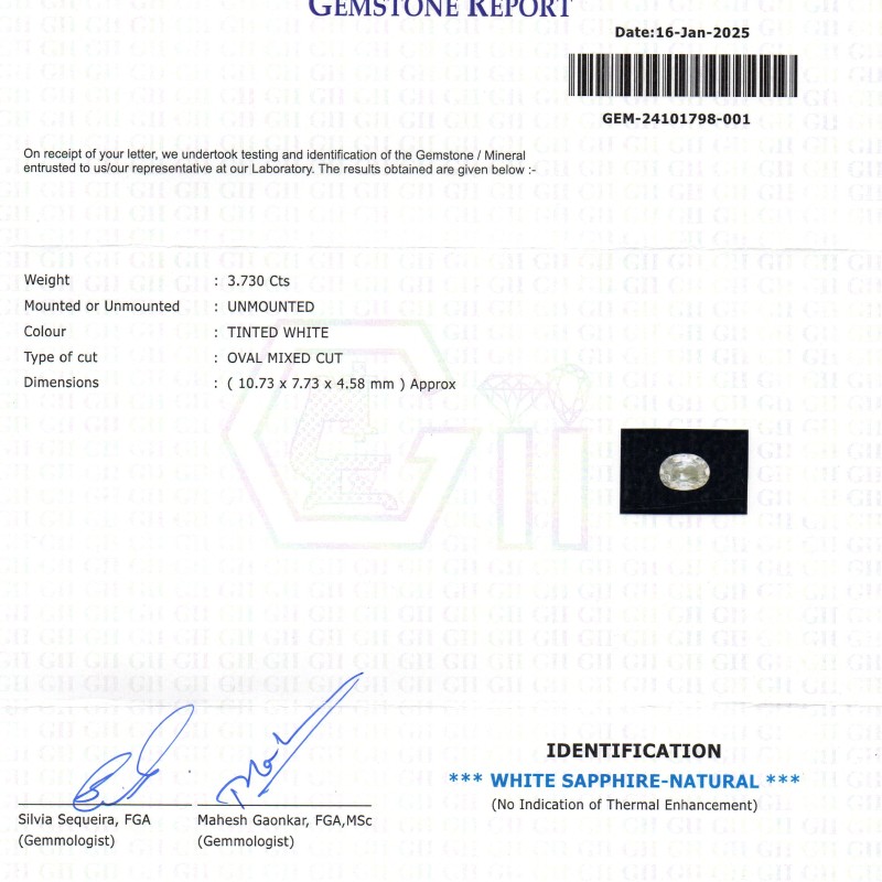3.73 Ct GII Certified Unheated Untreated Natural Ceylon White Sapphire 3.73 Ct GII Certified Unheated Untreated Natural Ceylon White Sapphire