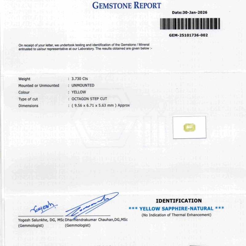 3.73 Ct GII Certified Unheated Untreated Natural Ceylon Yellow Sapphire Pukhraj AAA