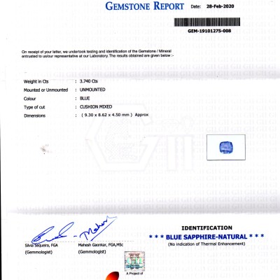 3.74 Ct GII Certified Unheated Untreated Natural Ceylon Blue Sapphire 3.74 Ct GII Certified Unheated Untreated Natural Ceylon Blue Sapphire