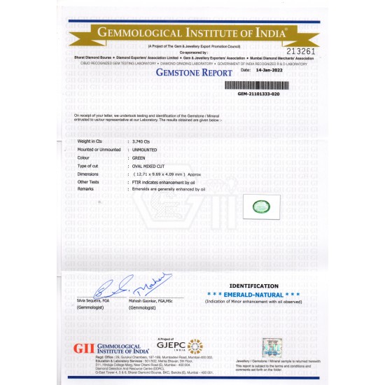 3.74 Ct GII Certified Untreated Natural Zambian Emerald Gemstone