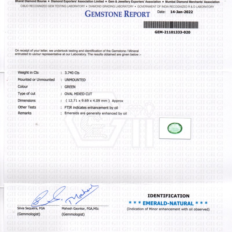 3.74 Ct GII Certified Untreated Natural Zambian Emerald Gemstone 3.74 Ct GII Certified Untreated Natural Zambian Emerald Gemstone