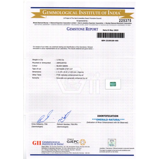 3.75 Ct GII Certified Untreated Natural Zambian Emerald Panna Gemstone