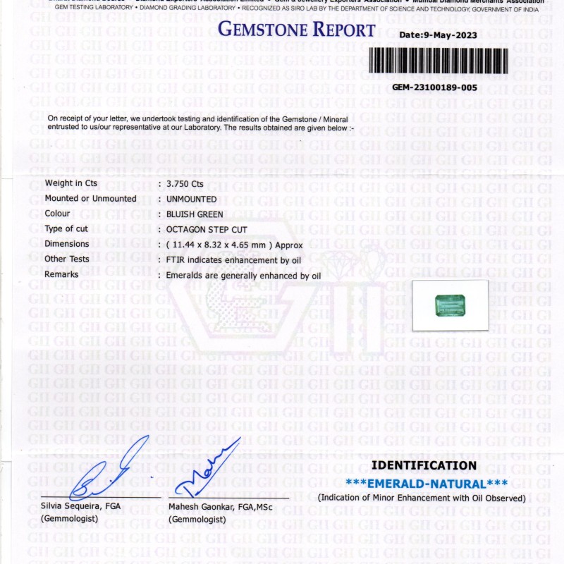 3.75 Ct GII Certified Untreated Natural Zambian Emerald Panna Gemstone